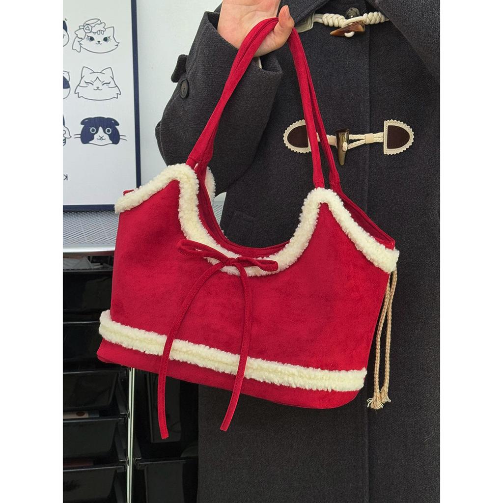 Retro Faux Lambswool Bow Tote Bag Women Autumn Winter New Large Capacity Shoulder Bag Ladies Sweet Cute Solid Color Underarm Bag
