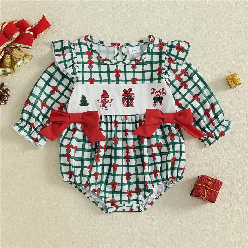 

Baby Girl Christmas Jumpsuit Long Sleeve Bow Grid Print Romper Newborn Fall Winter Playsuit Baby Clothes 0-3M