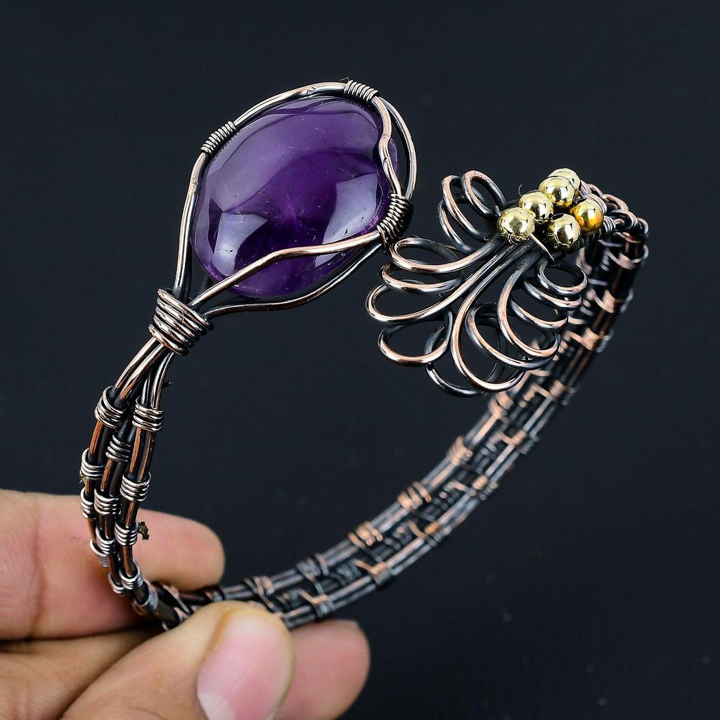 Amethyst Bangle  999 Copper Wire Wrapped Cuff Bracelet, Adjustable Bangle Gemstone Jewelry, Gift For Mom Handmade Brand, New Jewelry