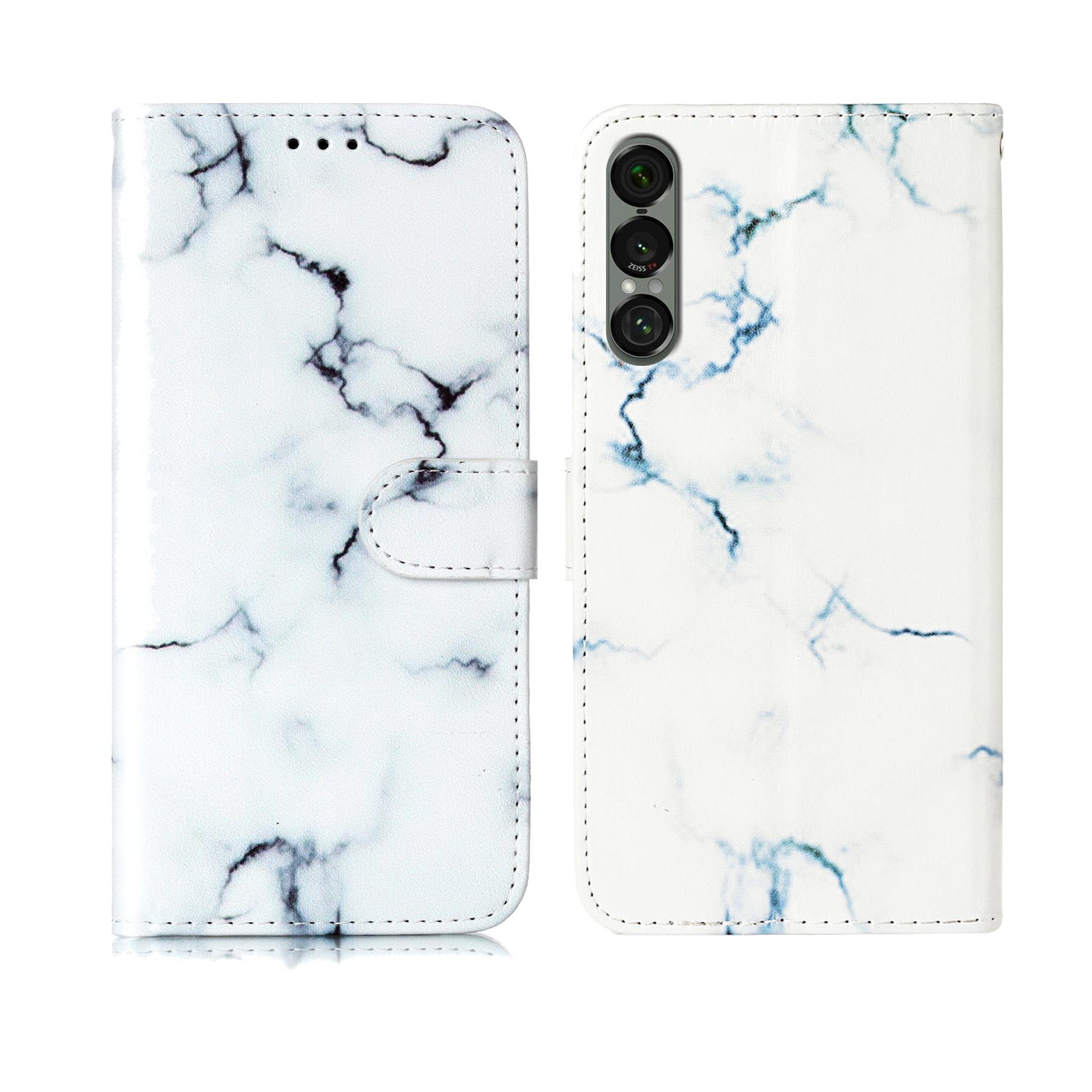 

For Sony Xperia 1 VII Stand Case Marble Painted Folio Flip Leather Wallet Phone Cover White Marble