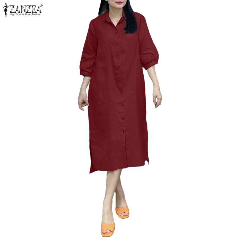 ZANZEA Women Casual Turn Down Collar Long Sleeve Loose Shirt Dress