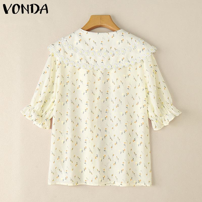 VONDA Damen Sommer Puffärmel Stickerei Saum Blumendruck Lässige Bluse