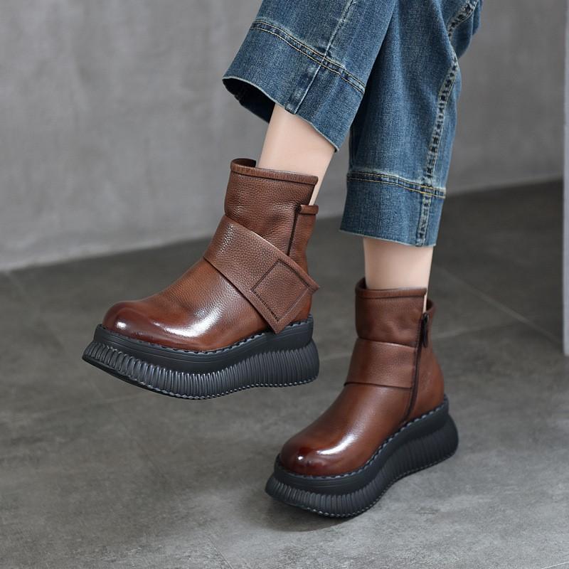 Johnature Plush Genuine Leather Women's Cotton Boots Casual Side Zipper Thick Soled Wedges Short Boots