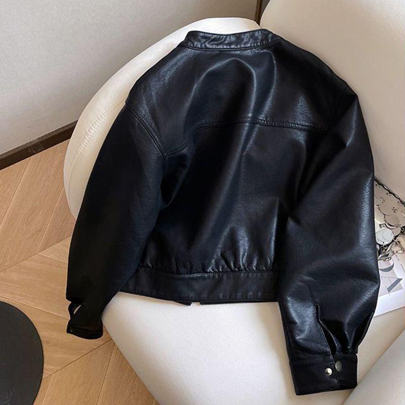 Vintage Style Motorcycle PU Short Loose Jacket Women's Spring/Autumn Retro Wide Collar PU Leather Short Loose Jacket