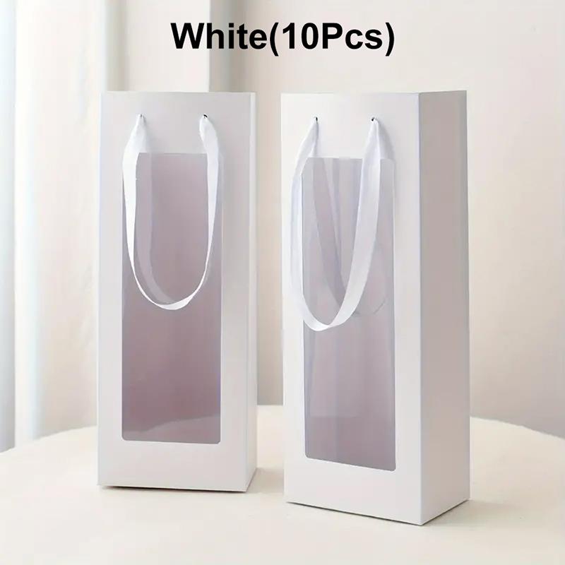 10Pcs Paper Transparent Flower Packaging Bags White Pink Single Rose Bouquet Window Box for Mothers Day Valentines Day Weddings