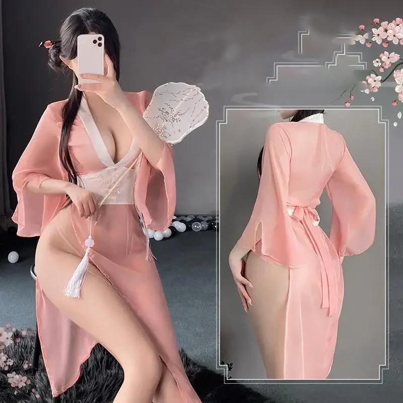 Women Sexy Lingerie Hanfu Dress Cosplay Costume Deep V Erotic See-through Pink Chinese Ancient Style Temptation Dresses