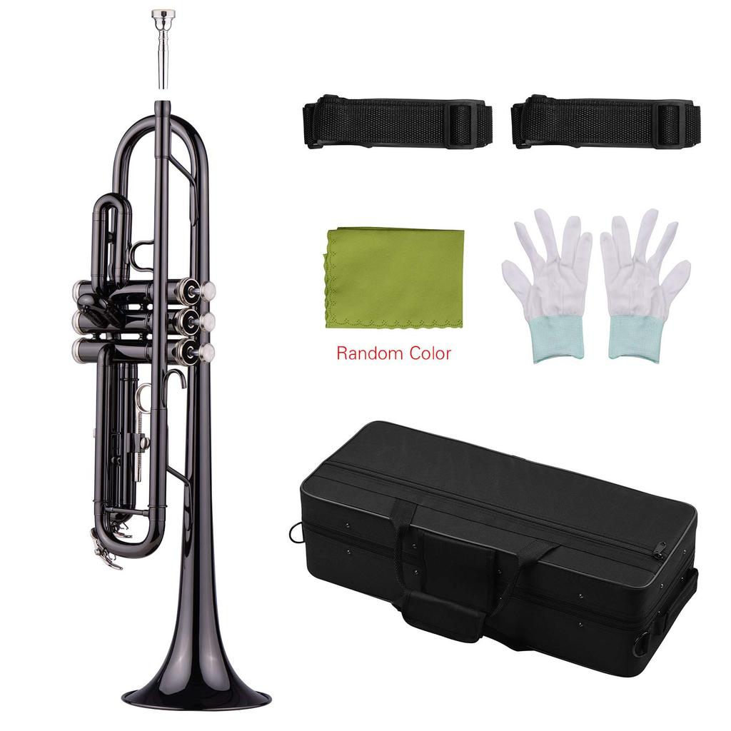 Brass Plated Black Bb Trumpet Set for Beginners and Students with Hard Polishing Cloth Trumpet, Case, Strap, Mouthpiece, Gloves,