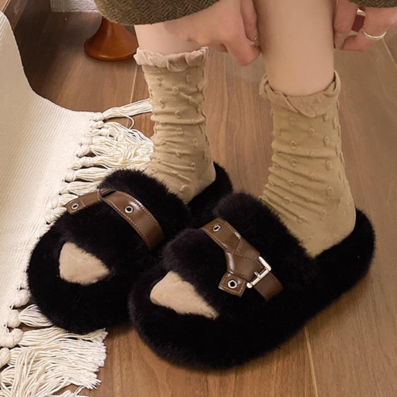 Fashion Flats Fluffy Women Slippers Fashion Buckle Autumn Comfortable Shoes Lady 2025 New Brand Classical Shoes Casual Zapatillas Mujer