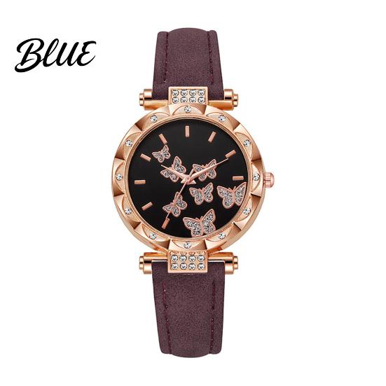 Ladies Watch Butterfly Artificial Leather Strap Quartz Rhinestone Casual Women