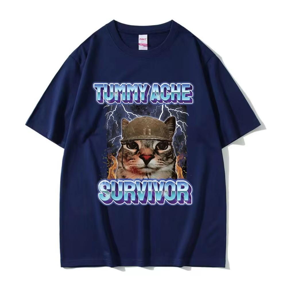 Limited Tummy Ache Survivor Funny Cat Meme T Shirt Unisex Women Vintage High Quality Fashion Tshirts Male Cotton Oversized Tshirt