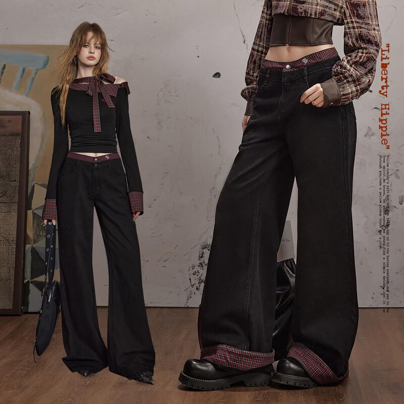 unifree Plaid Patchwork Loose Straight Casual Pants