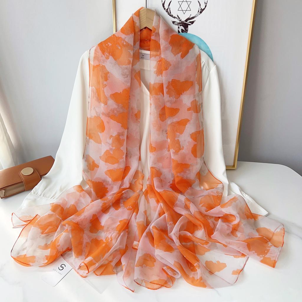 Elegant Flower Print Scarf Thin Smooth Mulberry Silk Shawl Casual Outdoor Sunscreen Windproof Scarf, Mulberry Silk, Very Light Fabric