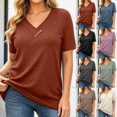 Women’s Casual V Neck Ribbed Short Sleeve Top Soft Brushed Knit Pullover Relaxed Fit Lightweight Basic Shirt