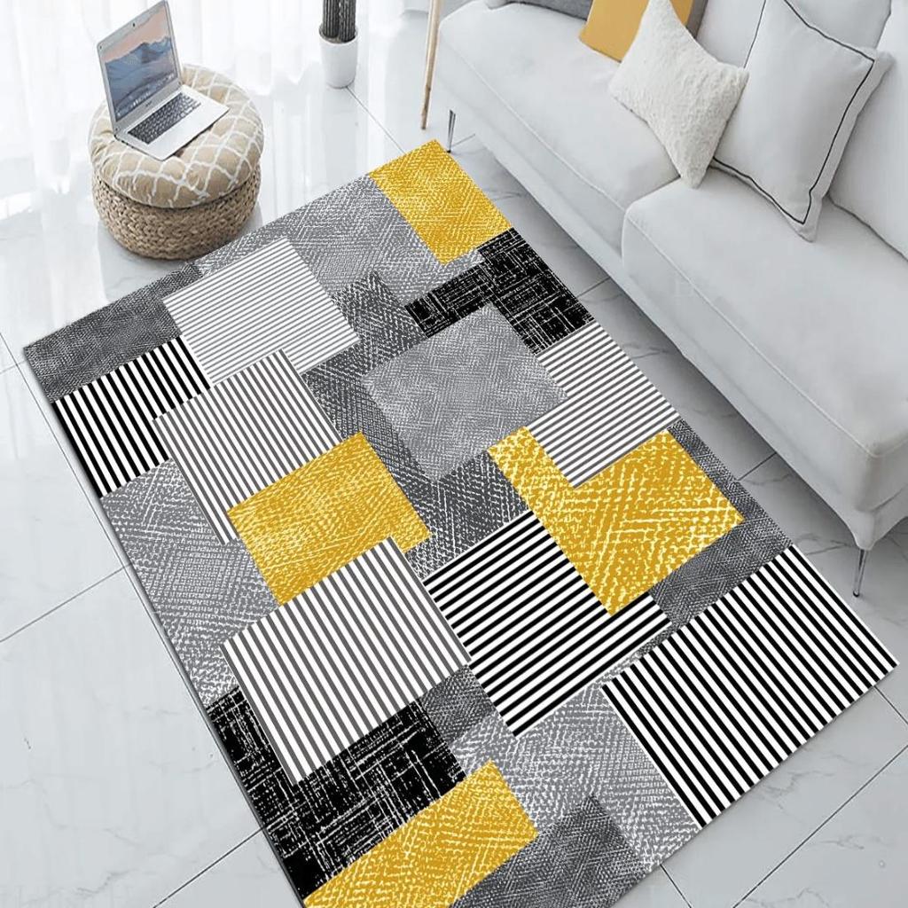 Modern Geometric Patterned, Non-Slip Based Runner Carpet In Yellow and Gray Tones, Authentic Runner, Soft Living Room Carpet