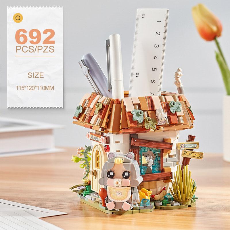 Idea Construction Building Brick Tree Trunk House Pen Container Mini Block Rabbit Desktop Stationery Educational Toy For Gifts