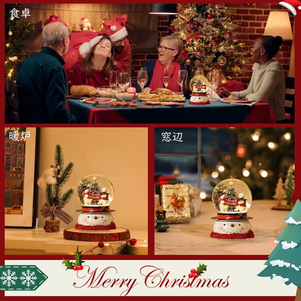 Lewondr Snow Globe (Hand-Shake Type, Built-in Warm LED, Snowmen with Banner)