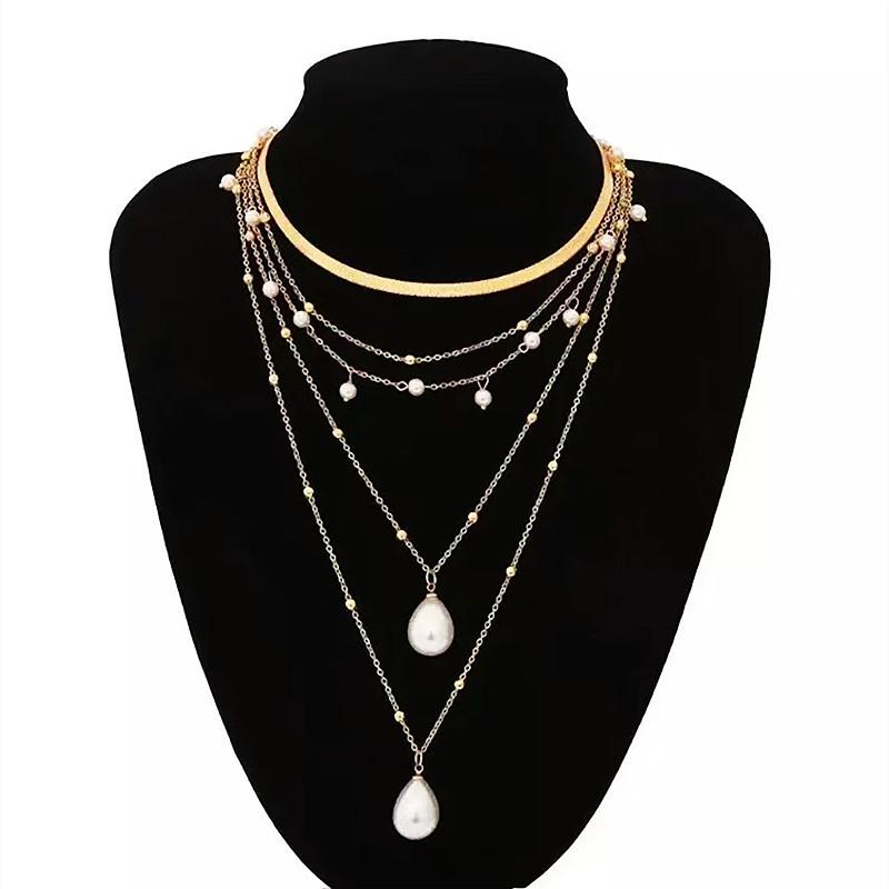 New Bohemian Choker Female Metal, Multi-layer Blade Chain Copper Beads Pearl Pendant Necklace