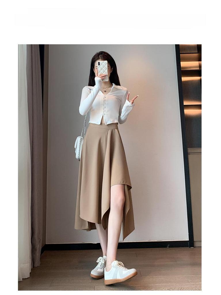 Women's Black Mid-Length Asymmetrical A-Line Skirt - High Waist, Autumn/Winter Fashion, Plus Size Available