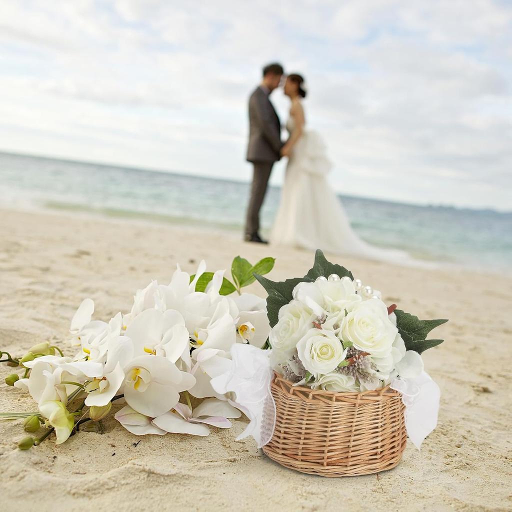 Elegant Wedding Flower Girl Basket with Pearl Handle and Ribbon Bow, Bowknot Satin Flower Basket for wedding, Rustic Handwoven Wicker Flower,  (1PCS)