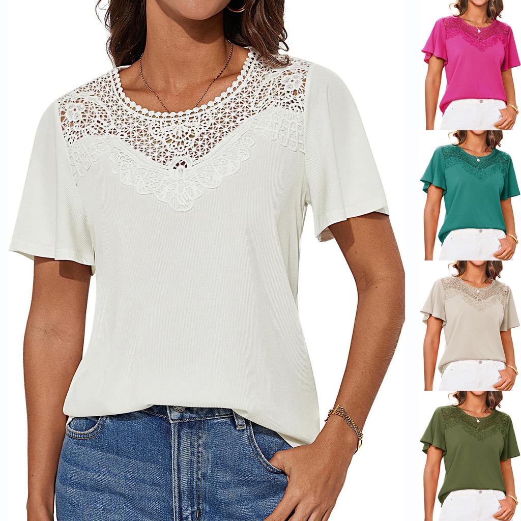 Women's Fashionable Casual Ice Silk Pleated Lace Round Neck Short Sleeve