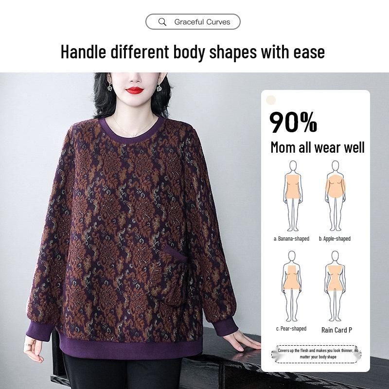 Autumn Winter Classic Jacquard Plus Size Slimming Sweatshirt for Middle-Aged Women