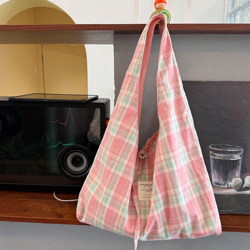 Embroidered Bow Canvas Plaid Shoulder Bag Double Side Underarm Bag Casual Cloth Hobo Bag Daily