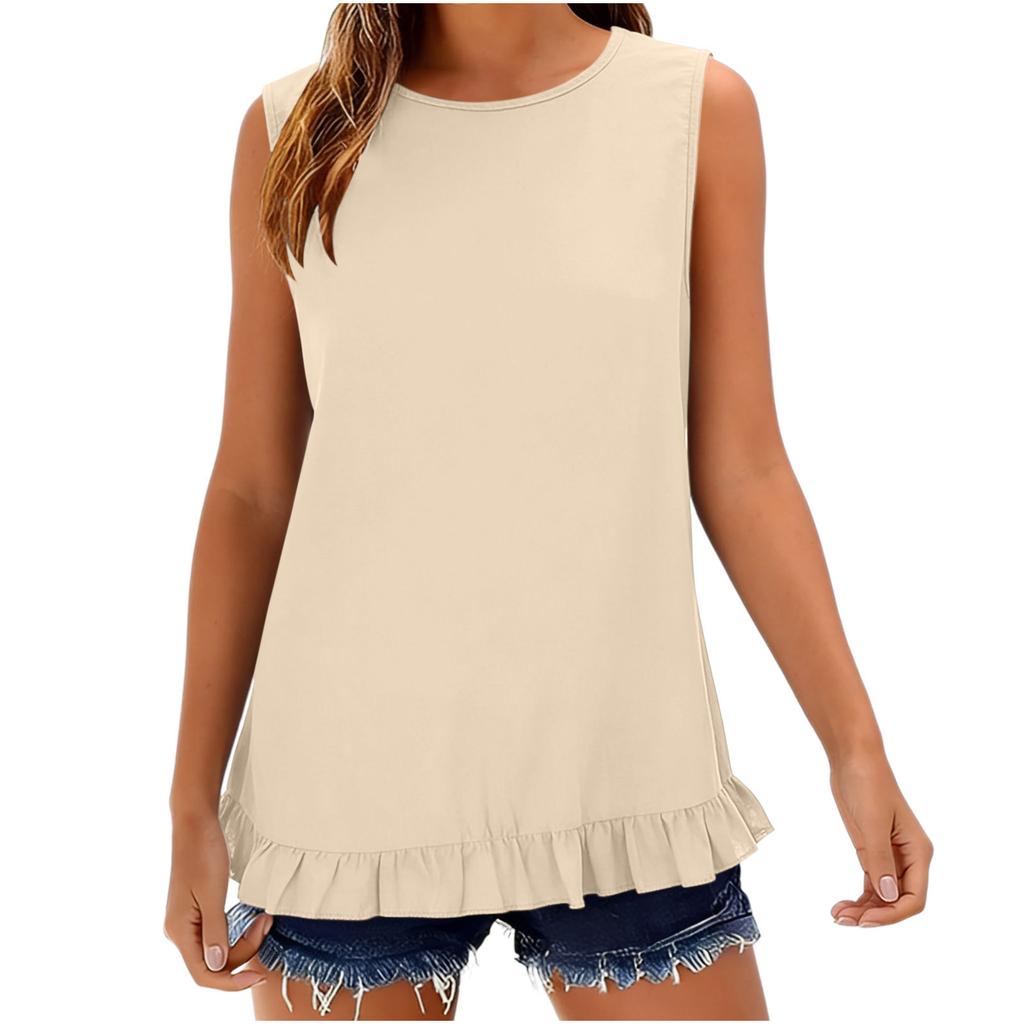 Women's Sleeveless Button Down Shirt Casual Summer Blouse Loose Fit Round Neck Ruffle Hem Lightweight Top