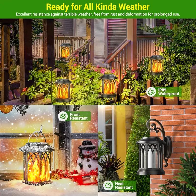 Solar Metal Flickering Flame LED Lantern Outdoor Hanging Light Heavy Duty Solar Powered for Yard Patio Christmas Decoration