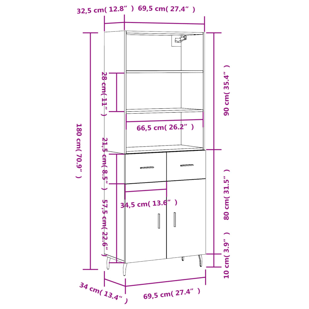 Highboard Gray Sonoma 69.5 x 34 x 180 cm Particleboard