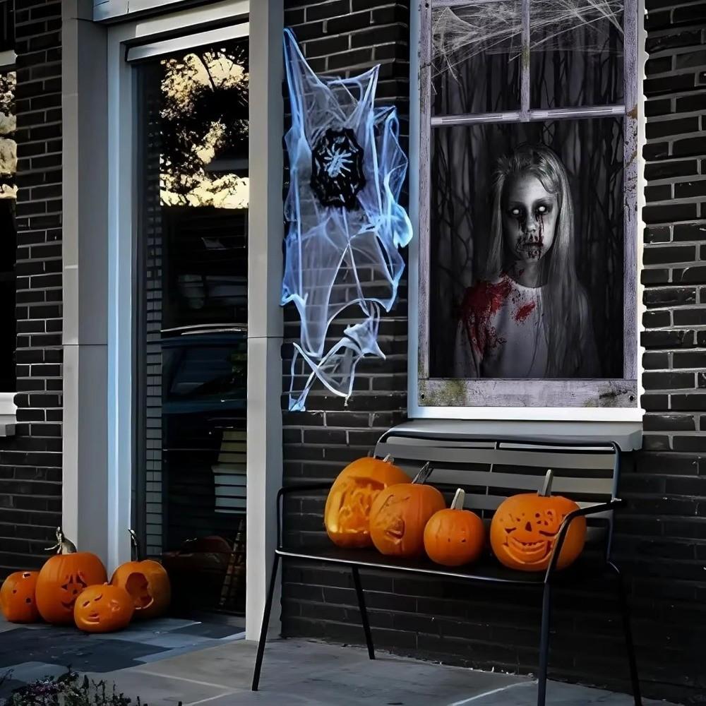 2 st Super Skrämmande Halloween Bakgrunder Blodig Flicka Fönstergardin Spökhus