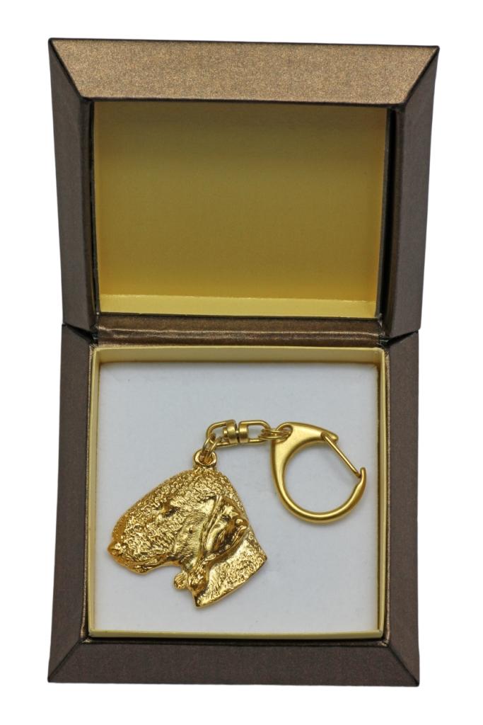 Bedlington Terrier, Rothbury Terrier, Rodbery Terrier - Gilded key ring with dog in gift box, handbag decoration, luxury accessory by Art-Dog brand