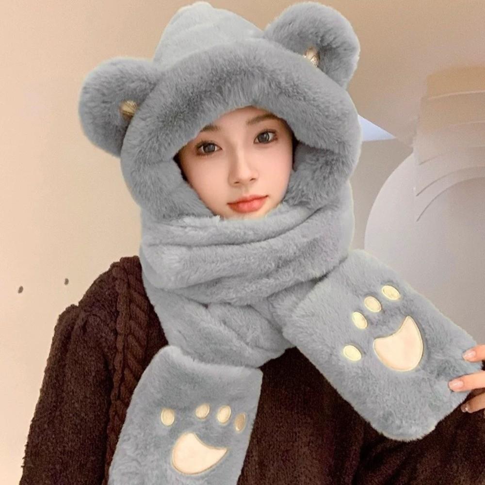 3-in-1 Hooded Scarf Windproof Winter Plush Scarf Cute Neck Warmer  Outdoor