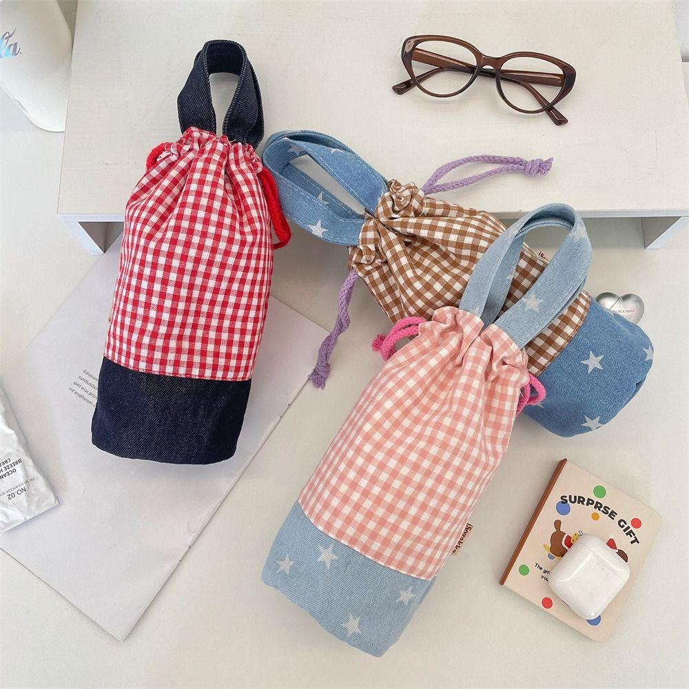 Water Bottle Holder Water Bottle Cover Grid Small Storage Bag Cute Drawstring Canvas Cup Bag  Girls