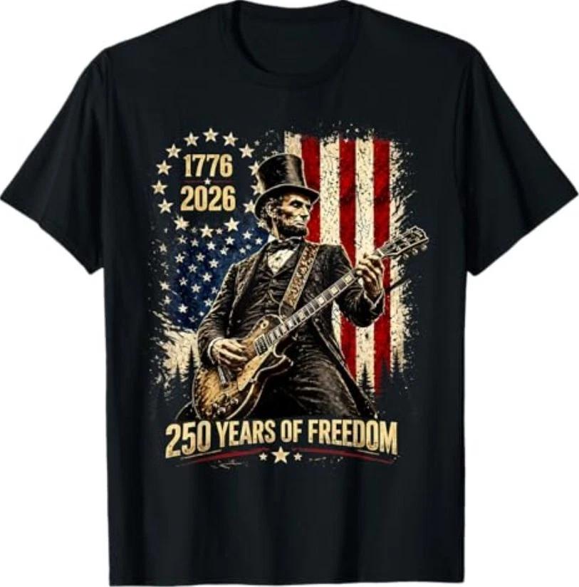 250 Years 1776-2026 USA Flag Abe Lincoln Playing Guitar T-Shirt XXXL
