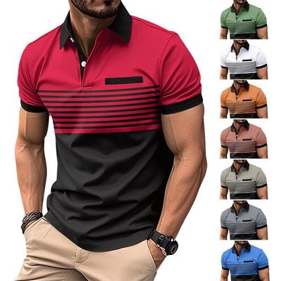 Herren Gestreiftes Colorblock Polo T-Shirt mit Knopf-Print & Falscher Brusttasche