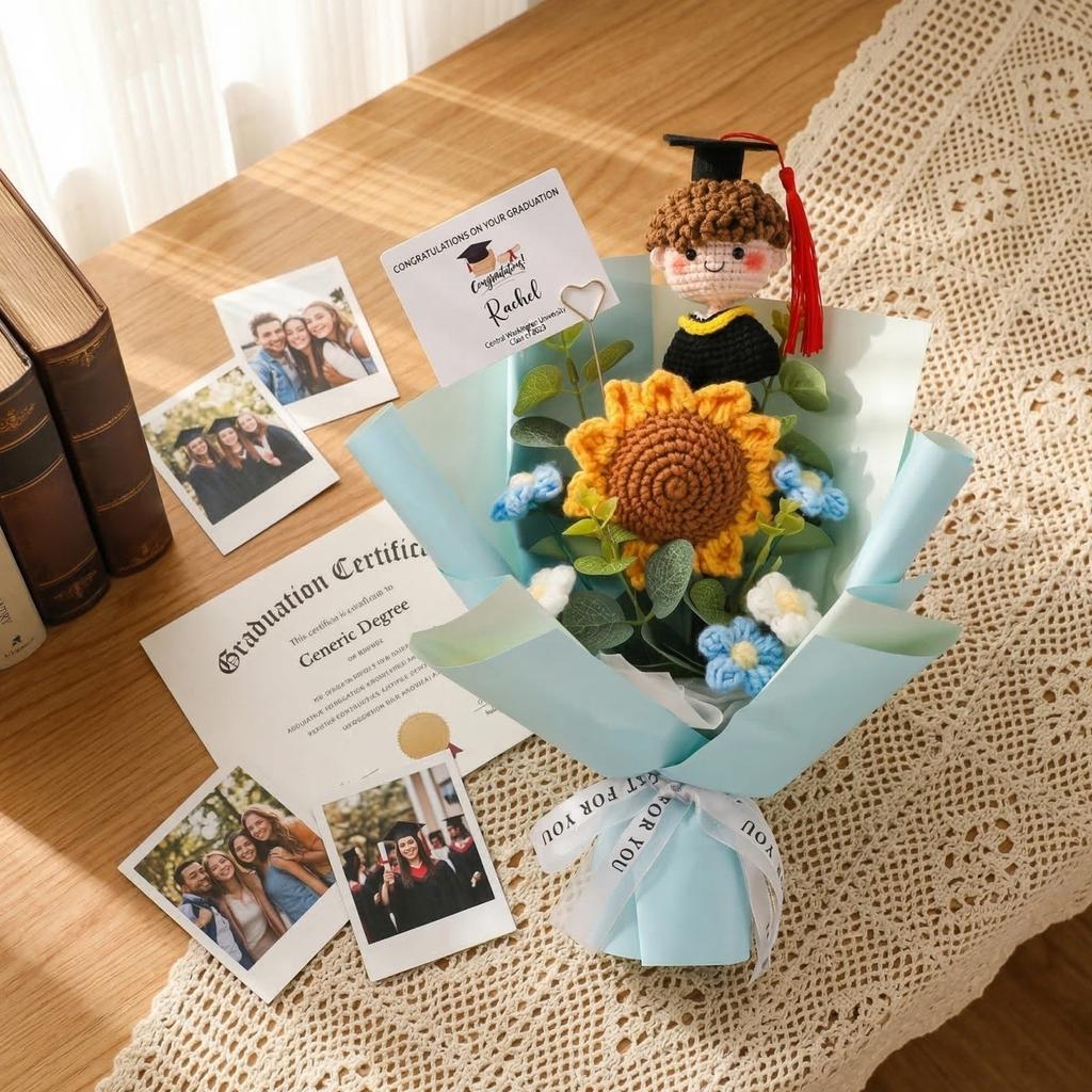 Knitted Yarn Flower Sunflower Puff Bouquet, Gift For Adult , Graduation , For Classmates And Friends