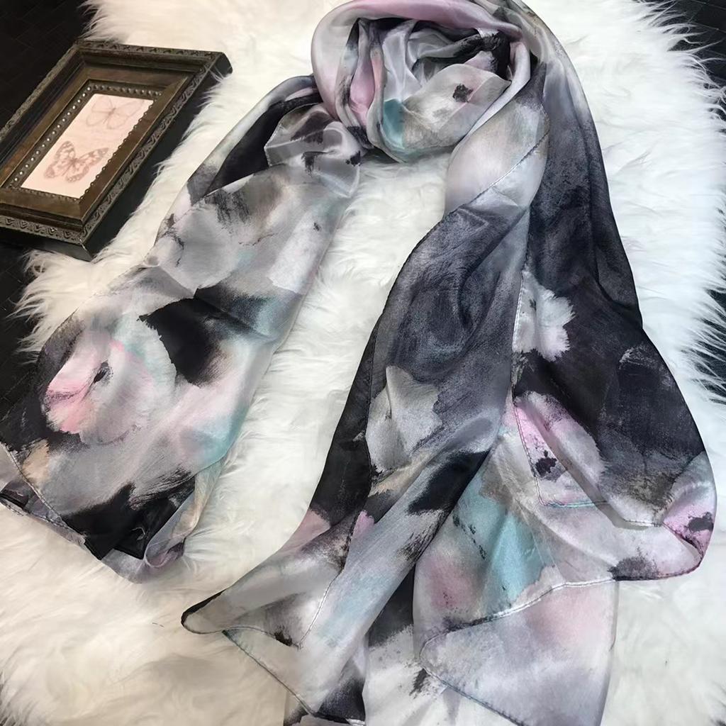 Orange Blue Winter Women Pure Silk Scarf Shawl Spring Fall Fashion Large Elegant Classical Long Scarves Wraps Printed 180*110Cm