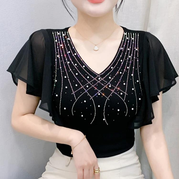 Summer European Women T-Shirt Clothes Sexy V-neck Luxury Hot Diamonds Tops Chic Female Short Sleeve All Match Tees