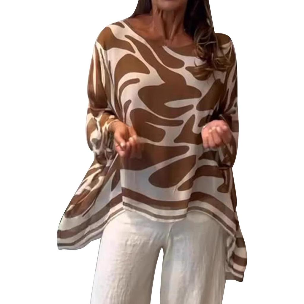 Damen lockere lässige Chiffonbluse Langarm bedruckt Oversized Tunika Top Leichtes atmungsaktives Gewebe Bequeme Passform