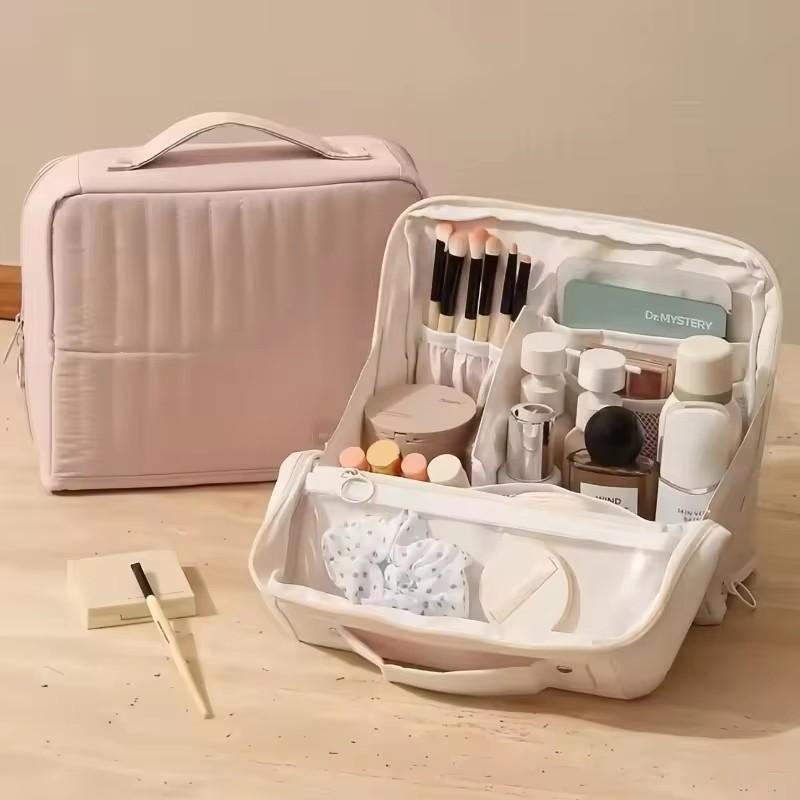 Large Capacity Portable Standing Makeup Bag Travel Toiletry Bag Cosmetic Brush Organizer Handheld Stationery Storage Pouch