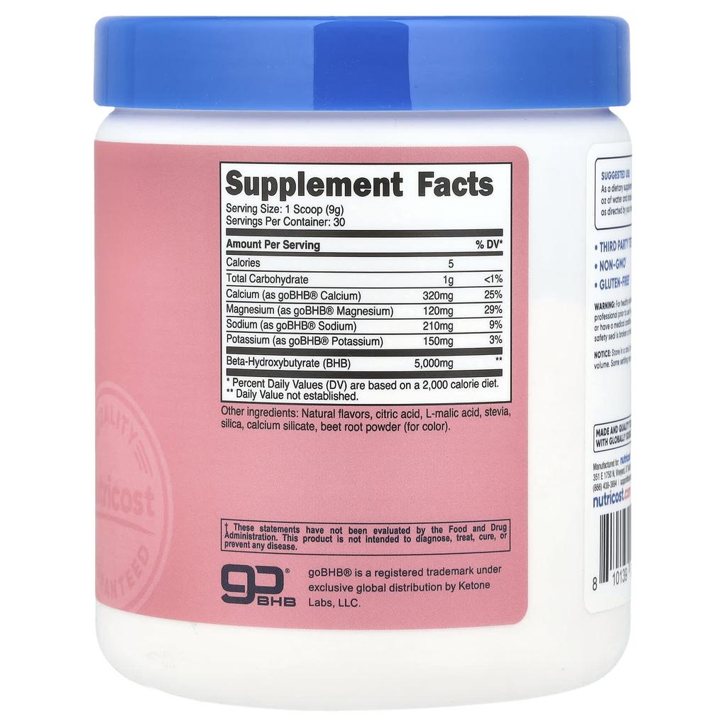 Nutricost BHB Salt, goBHB®, Strawberry Lemonade, 9.5 Oz (267 G)