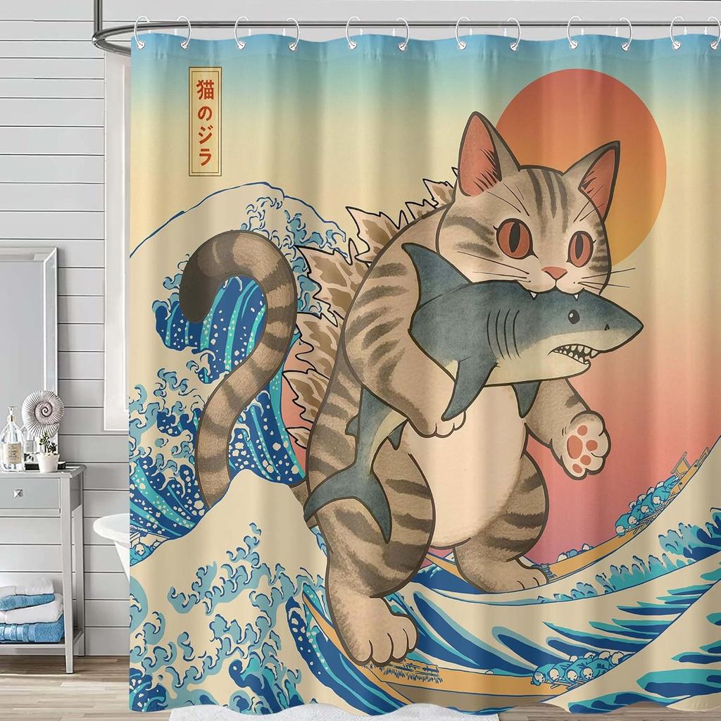 Funny Japanese Cat Shower Curtain Cute Fun Cool Cat Monster Shark Shower Curtains For Bathroom Vintage Ocean Waves Anime Kids