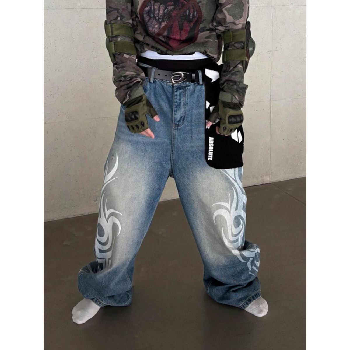 

ZYLLO Y2K Американський вінтажний джинси-баггі з принтом тотема, жіночі джинси з високою талією та широкими штанинами, жіночі джинси в стилі хараджуку, трендові хіп-хоп джинси S