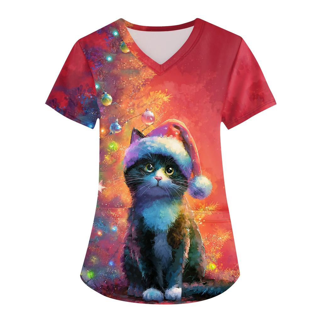 Women's Printing Uniform Work Uniform V-neck Pockets Basic Short Sleeve Pullover Top