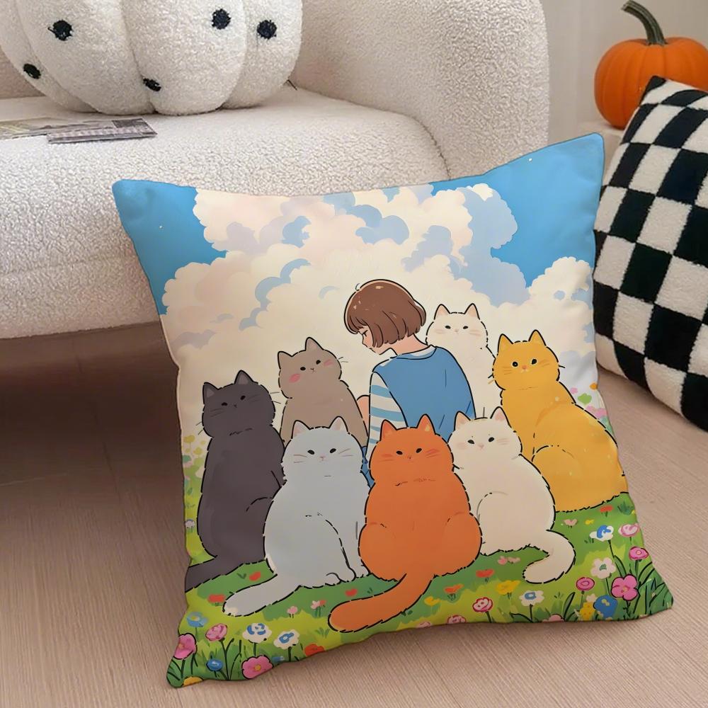 Cartoon Cute Cat Picture For Wake Up Cushion Cover Throw Pillow Cover Hidden Button Durable Polyester Chair Cushion