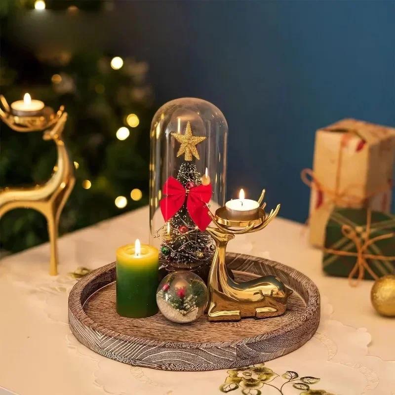 Retro Wooden Storage Tray Beveled Edge Tray Round Candlestick Wooden Tray Fruit Bread Snack Dinner plate Home Table Decoration