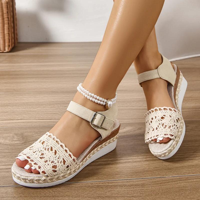 Fashion Hollow Espadrilles Wedge Sandals for Women Summer 2025 Peep Toe Ankle Strap Platform Sandals Woman Thick Sole Casual Beach Shoes