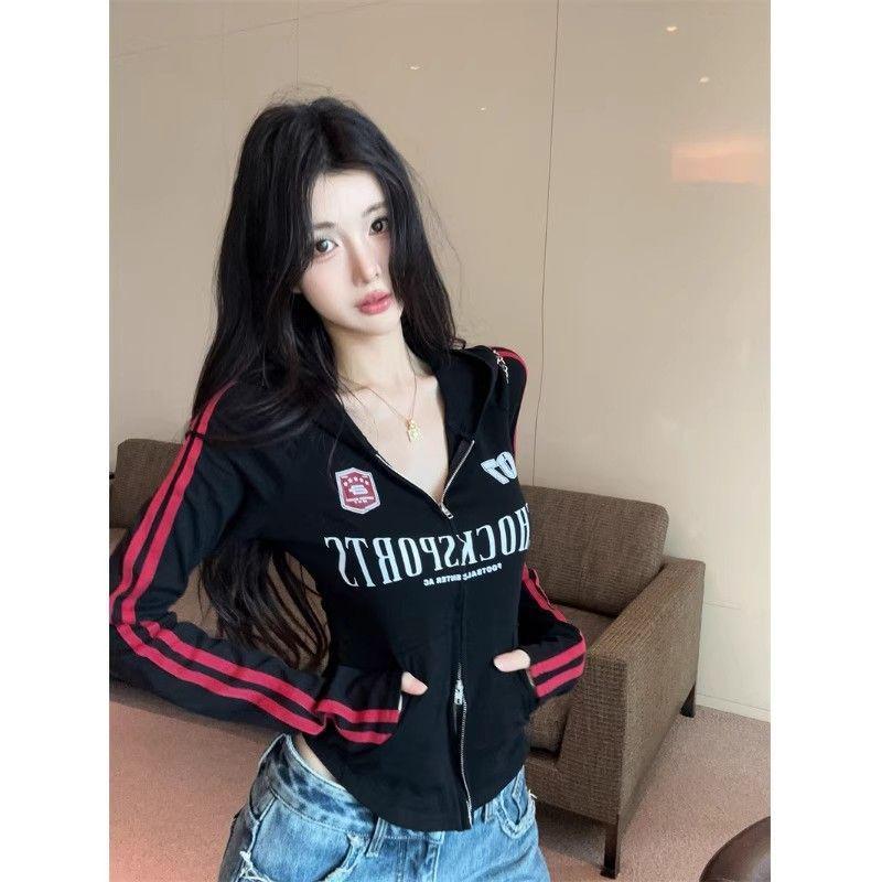 Street Style Women s Slim Fit Hooded Cardigan with Letter Print and Color Block Small чёрный