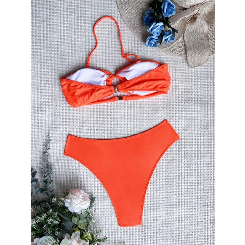 Sexy Wrinkled Halter Metal Rings Bikini Women Swimwear Female Swimsuit Two-pieces Bikini Set Bather Bathing Suit Swim