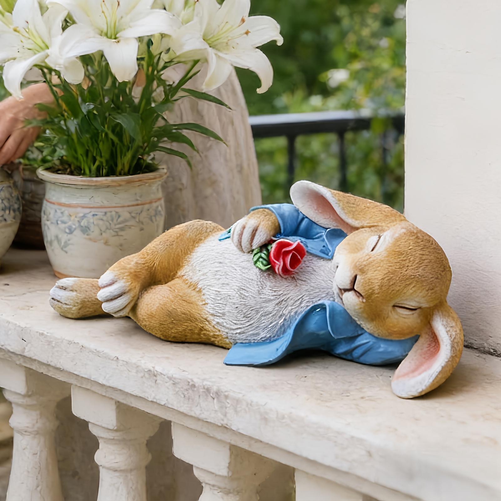 Rabbit Garden Statue Resin Lying Rabbit Holding Flower Figurines 11.8 Inches Collectible Outdoor Statues for Easter Home Table China Mainland